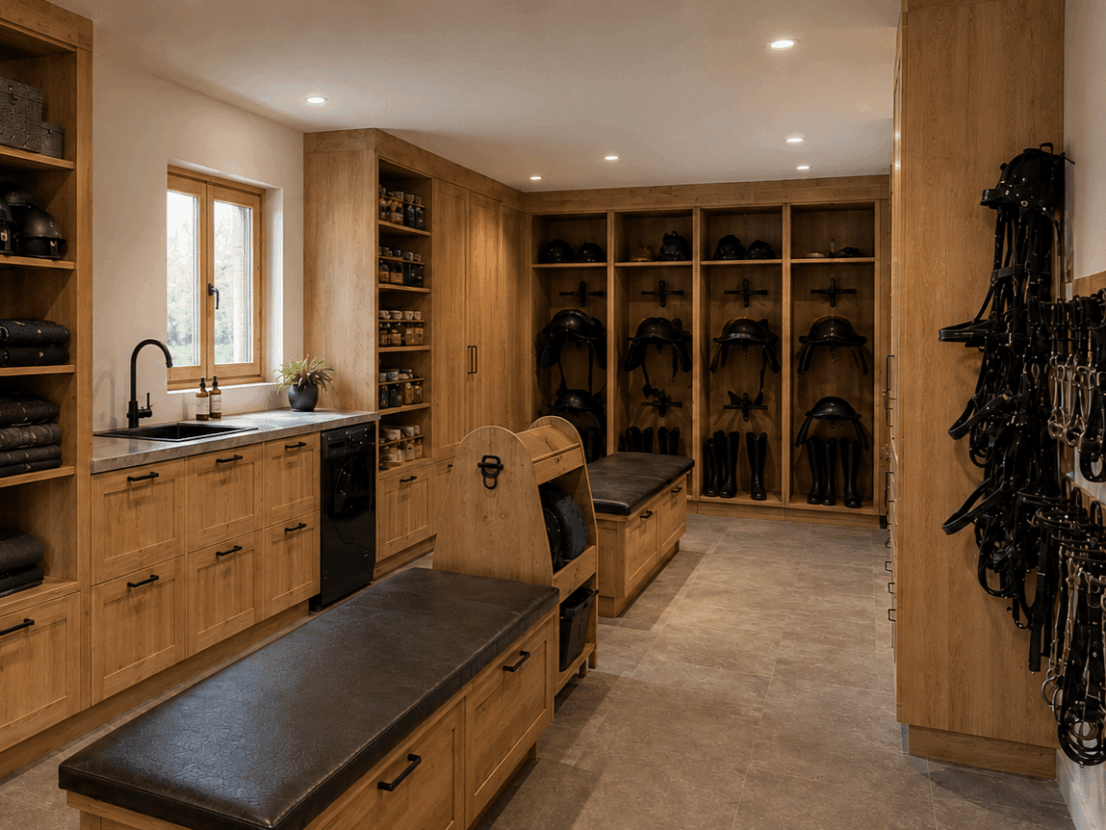 Inspiration sellerie en chêne naturel Inspiration pour écurie privée avec des caissons ouverts, placards, banquettes en meubles bas, plan de travail, tiroirs hauts et tiroirs bas. Divers accessoires tels que des porte brides, des porte mors, des porte selles, des étagères pour caissons ouverts. Le tout en finition chêne naturel.
