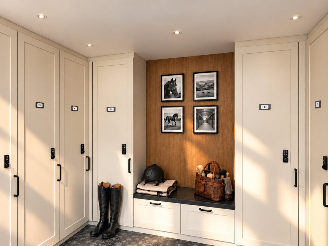Inspiration sellerie en intérieur chêne et mélaminé gris angora. Inspiration pour écurie de propriétaire avec placards fermés par digicode et un meuble bas avec deux tiroirs.